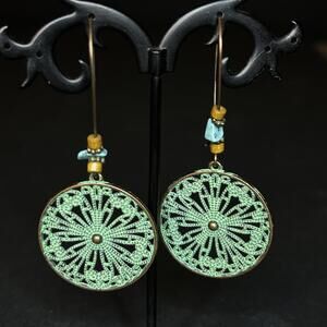 Green Crochet Circle Drop Earrings with Turquoise and Yellow Beads